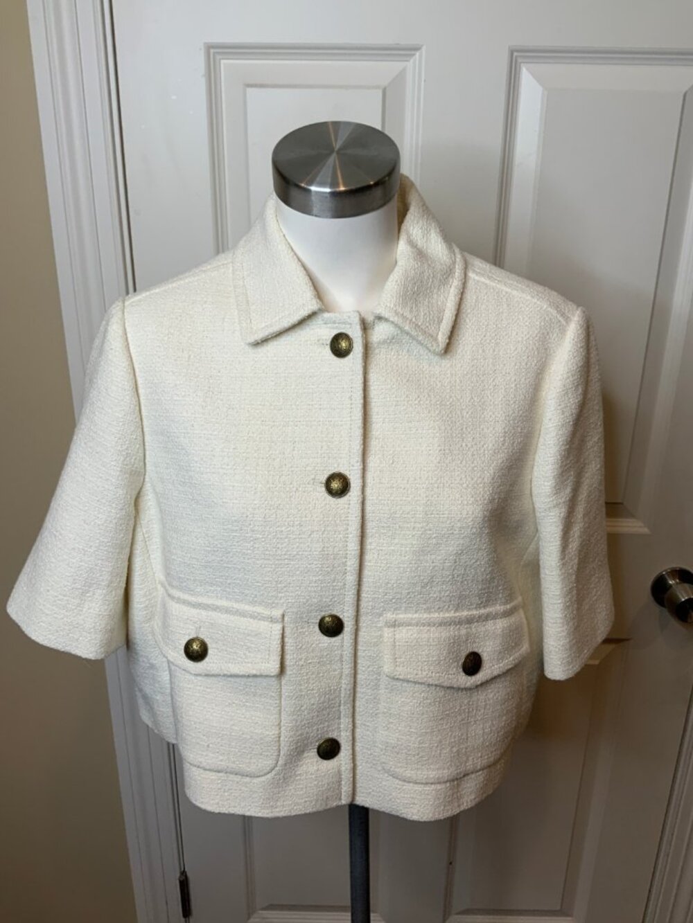 Me + Em Cream Tweed Short Sleeve Crop Jacket, Size 12